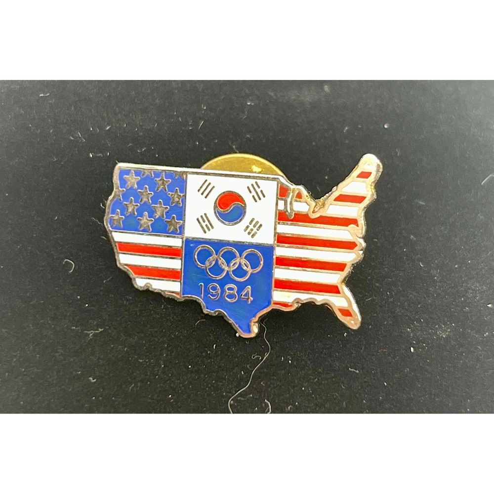 Vintage 1984 Olympic Games USA Map Pin South Korea Flag Enamel Lapel Pin